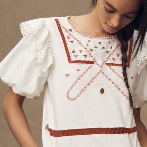 Puff-Sleeve Cutwork Top by Anthropologie